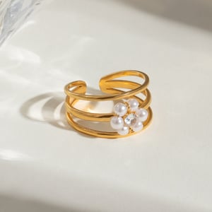 1 Piece Romantic Series Sweet Flower Stainless Steel  Gold Color Artificial Pearl Women's Adjustable Rings h5 